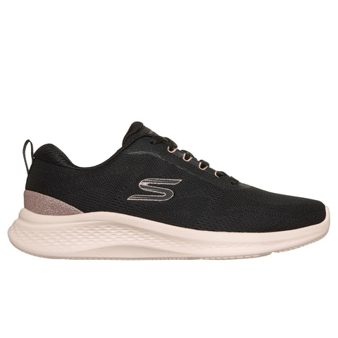 Side view of Skechers women's Skech-Lite Pro 2.0 Brilliant Shimmer shoe in black & rose gold