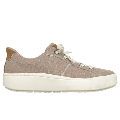 Side view of Skechers women's Slip-ins Relaxed Fit Geneva - Posh Ease sneakers in taupe