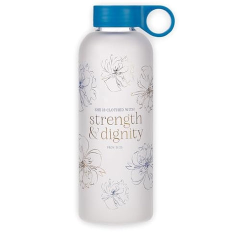Strength and Dignity Blue Floral Glass Water Bottle WBT247