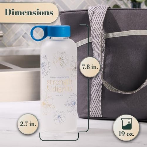 Strength and Dignity Blue Floral Glass Water Bottle WBT247