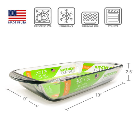 Kitchen Classics 3 qt glass baking dish showing dimensions
