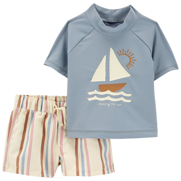 Baby Boys' 2-Piece Sailboat Rashguard & Striped Swim Trunk Set 1Q459210