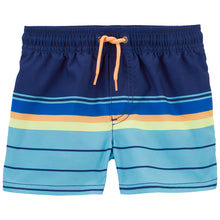 Multi-Stripe Blue, Orange, Yellow Swim Trunks