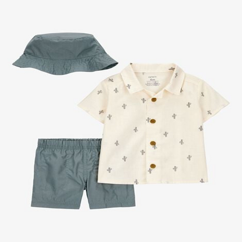 Baby Boy 3-Piece Cactus Short & Hat Set - Ivory/Green 1S451210-969 
