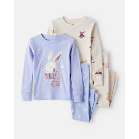 Baby Girl Bunny Winter Print 100% Cotton Long-Sleeve Snug Fit 4-Piece Pajamas - Blue/White 1T527110