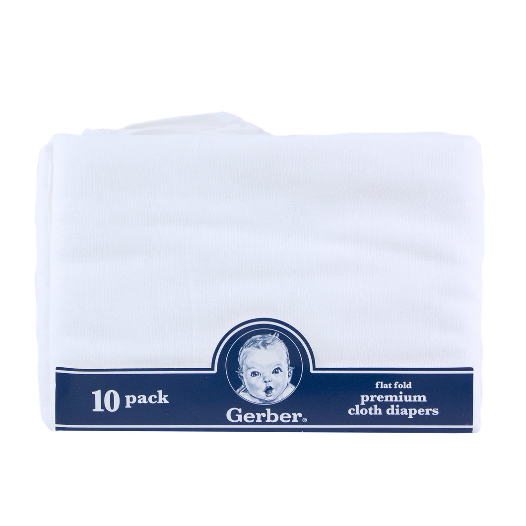 10-pack of Gerber Premium Flat Fold Cloth diapers.