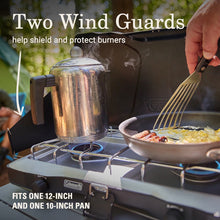 two wind guards help shield and protect burners; fits one 12-inch and one 10-inch pan
