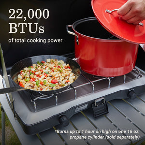 22,000 BTUs of total cooking power; burns up to 1 hour on high on one 16 oz. propane cylinder (sold separately)
