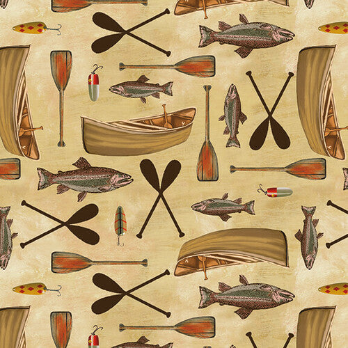 Favorite Fishing Spot Nostalgic Fabric Quilt Panel - 100% Cotton 36 x 45
