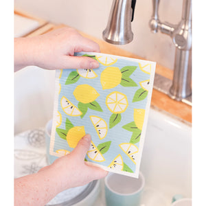 2-Pack Summer Lemons Swedish Sponge Cloths 23002 in sink with dishes