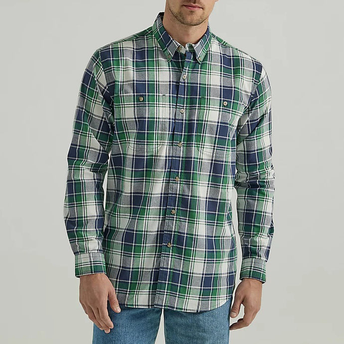 Green Navy Men's Rugged Wear Long-Sleeve Plaid Button-Down Shirt 2330347