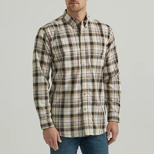 Khaki Men's Rugged Wear Long-Sleeve Plaid Button-Down Shirt 2330349