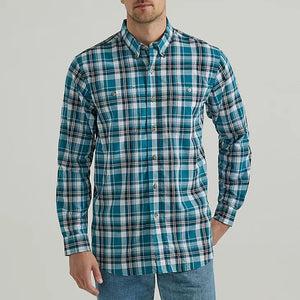 Teal Black Men's Rugged Wear Long-Sleeve Plaid Button-Down Shirt 2330355