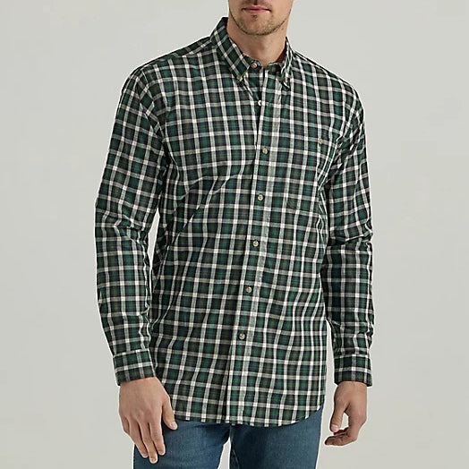 Dark Green Men's Rugged Wear Long-Sleeve Wrinkle Resist Plaid Button-Down Shirt 233035
