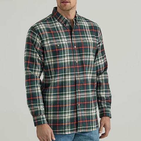 Green Orange Men's Rugged Wear Long-Sleeve Flannel Plaid Button-Down Shirt 2330381