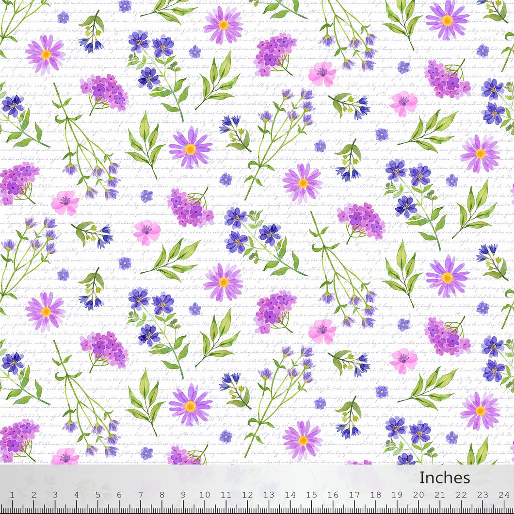 Pressed Flowers Collection W Words White Background Cotton Fabric