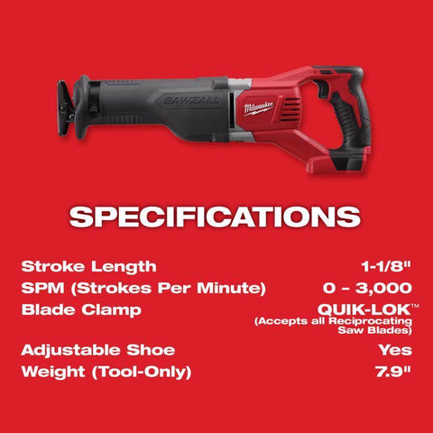 Specifications of Milwaukee M18 SAWZALL cordless reciprocating saw