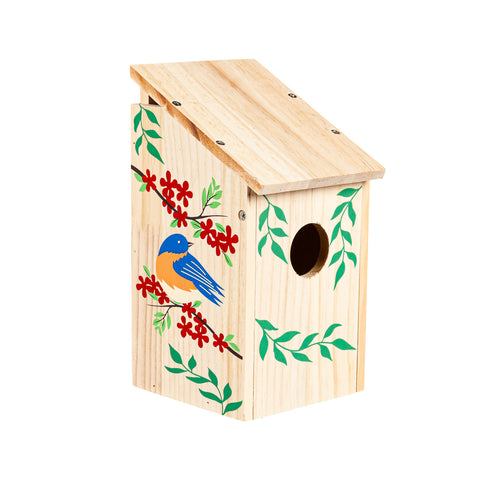 Wood Birdhouse with Bluebird & Red Flowers 2BH732