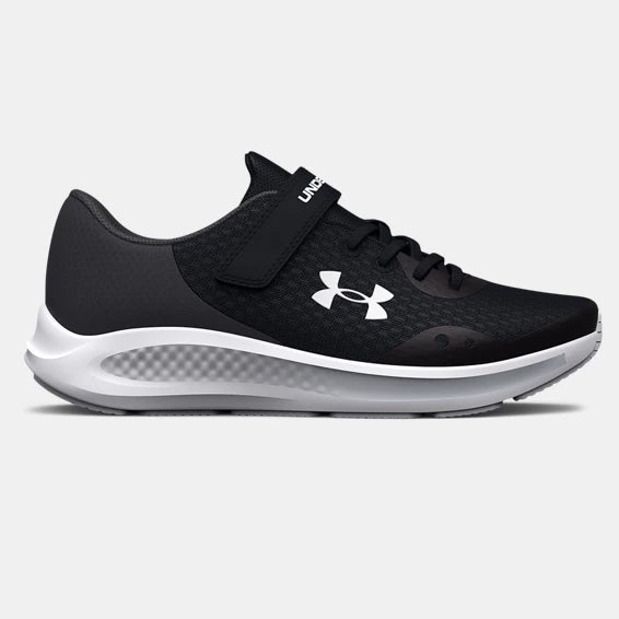 Under Armour Girls' Charged Pursuit 3 Running Shoe in black with white sole