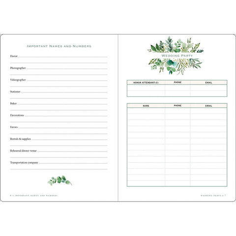 Sample Pages: Important Names and Numbers, Wedding Party