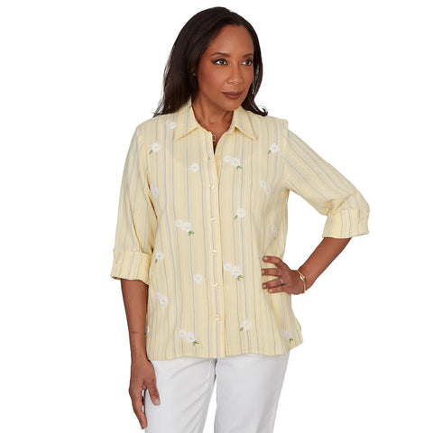 Women's Embroidered Daisy Stripes Button Front Top 39141