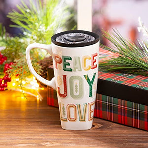 Peace, Joy, Love Mug against festive background