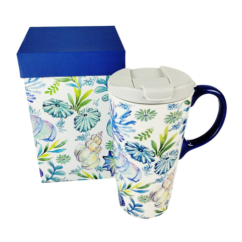 Ceramic Travel Cup Blue Shells