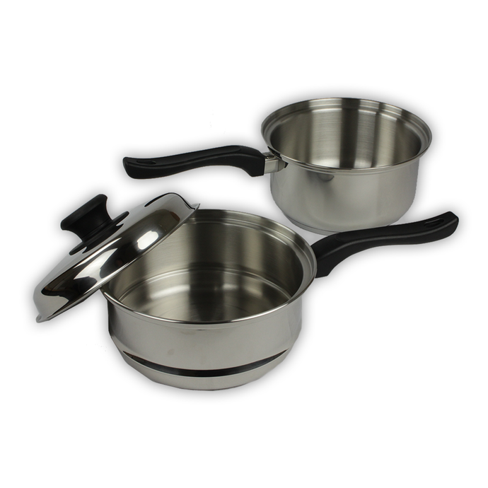 Lindy's stainless steel steamer set showing saucepan, steamer and lid