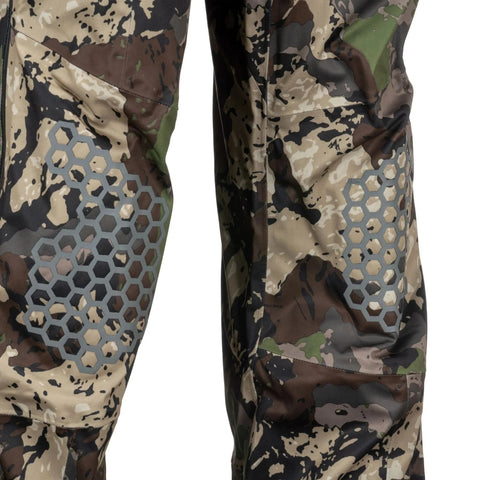 Closeup of knees of Pnuma men's 3L Element Proof Camo Rain Pants