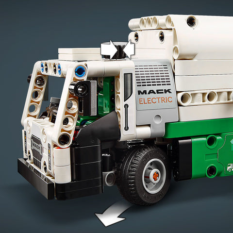 LEGO Technic Mack LR Electric Garbage Truck showing steering