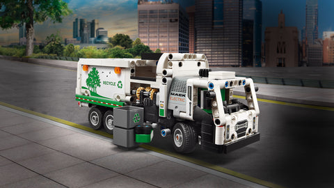 LEGO Technic Mack LR Electric Garbage Truck in pretend street scene