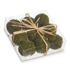 Set of 9 Decorative Moss Balls in Clear Box Tied with Natural Raffia