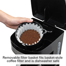 Removable filter basket fits basket-style coffee filter and is dishwasher safe