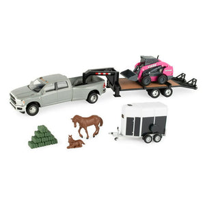 1:32 Pink Case SV340B Skid Steer with RAM Pickup, Trailer & Accessories 47431