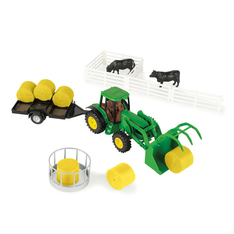 John Deere 1:32 Scale Haying Set, with Tractor, Trailer, Farm Animals and More 47519
