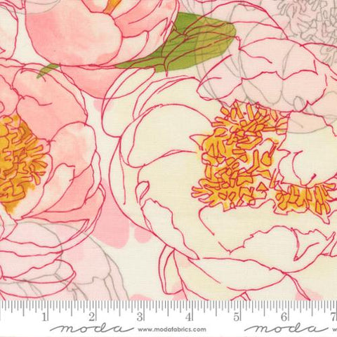 cream, Darling Peony Collection Floral Watercolor Cotton Fabric 48790