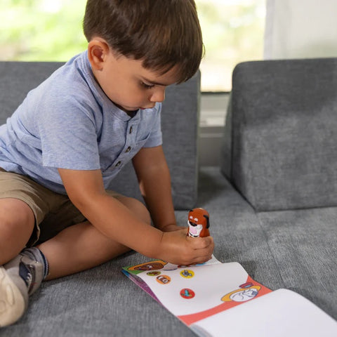 Boy Stamping with Dog Sticker Stamper