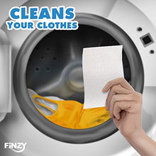 Finzy washer sheets in front of washing machine