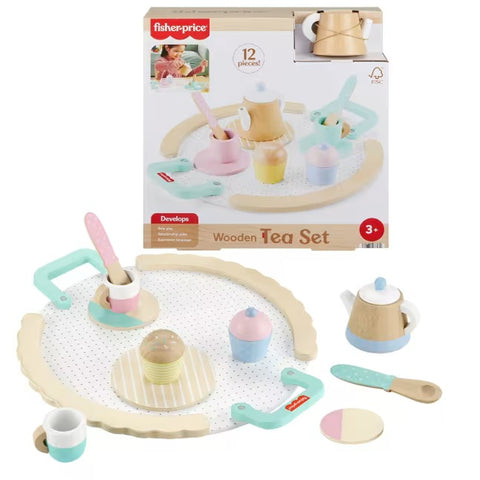 Wood Pretend Play Toy Tea Set, 12-Piece Wooden Playset HXT82