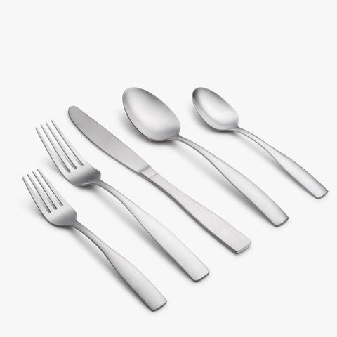 Cambridge Madison Silver Stainless Steel Flatware Set 26320CSLG12 displayed with 5-piece place setting