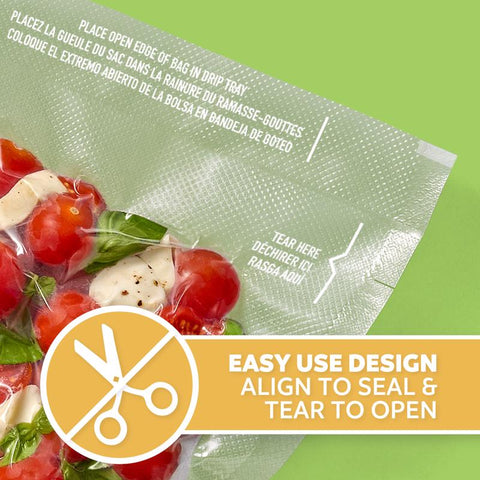 FoodSaver 19-Count Pre-Cut Quart Bag showing tear opening