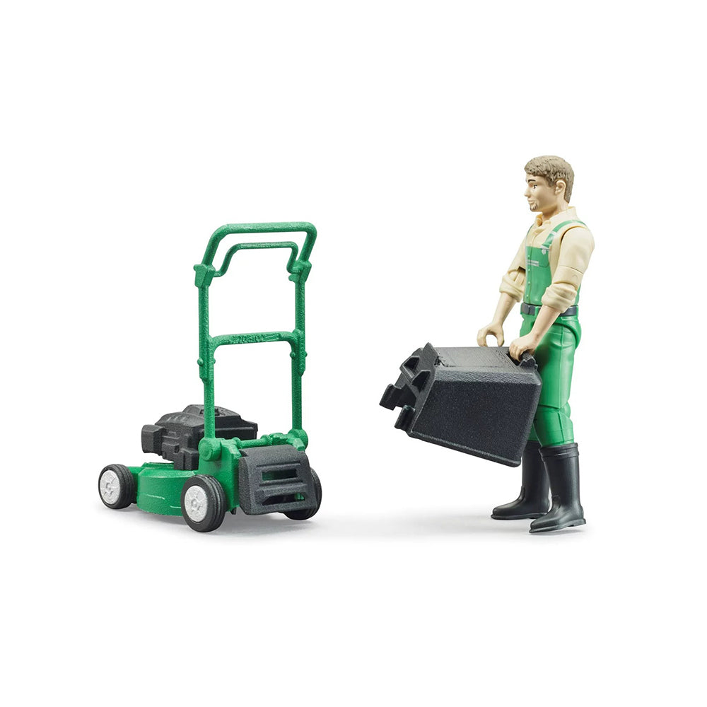 thumbnail image 2 of Bruder Bworld Gardener Figure With Lawnmower & Tools | Movable Limbs For Imaginative Play 2 of 9
