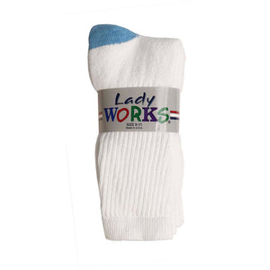 Lady Works women's white crew socks from Railroad Sock Company, package