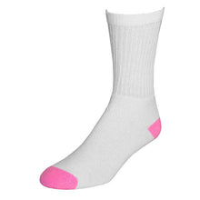 Lady Works women's white crew socks from Railroad Sock Company, showing pink heel & toe