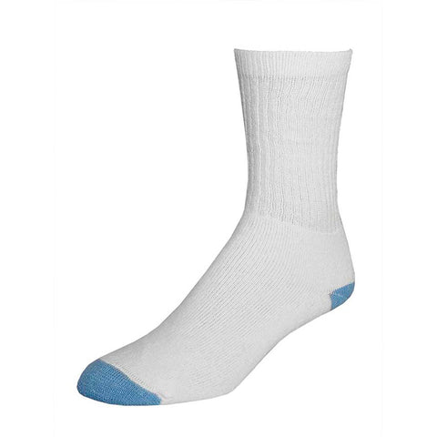 Lady Works women's white crew socks from Railroad Sock Company, showing blue heel & toe