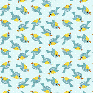 At The Zoo Collection Tossed Blue Birds Cotton Fabric 6604-73