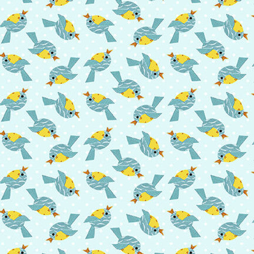 At The Zoo Collection Tossed Blue Birds Cotton Fabric 6604-73