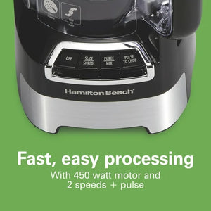 Fast, easy processing; With 450 watt motor and 2 speeds + pulse