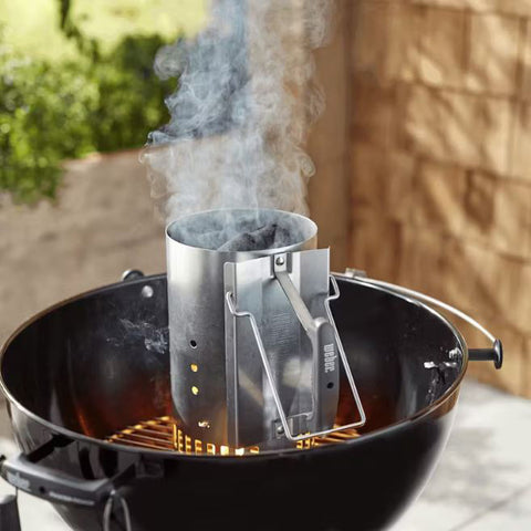 Rapidfire Chimney Starter Sitting on Grill