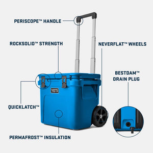 Big Wave Blue Yeti Roadie 32 wheeled cooler showing details